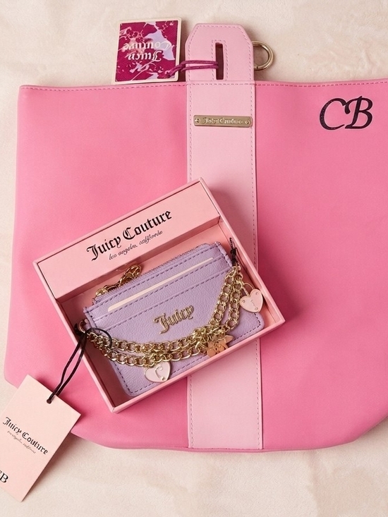 Juicy Couture Handbags - 2FER Juicy Couture Pink Tote AND Lilac Card Holder With Gold-Tone Chain Charm